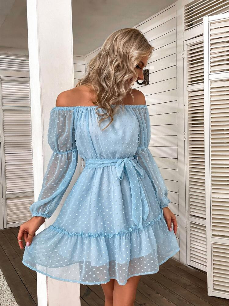 Swiss Dot Belted Off The Shoulder Frill Dress | SHEIN