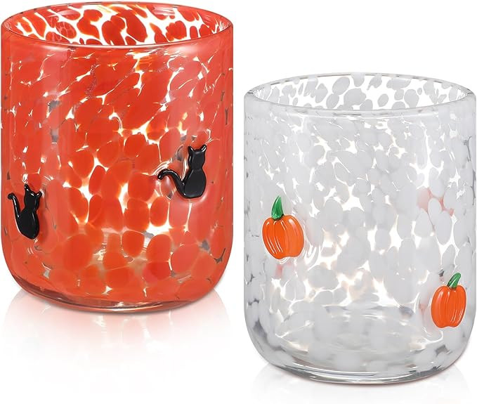 Skylety 2 Pcs Halloween Icon Juice Glasses - Orange Pumpkin & Black Cat Icon Stemless Coffee Cock... | Amazon (US)