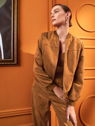 SHEIN X SHAMS Zip Up Suede Bomber Jacket | SHEIN