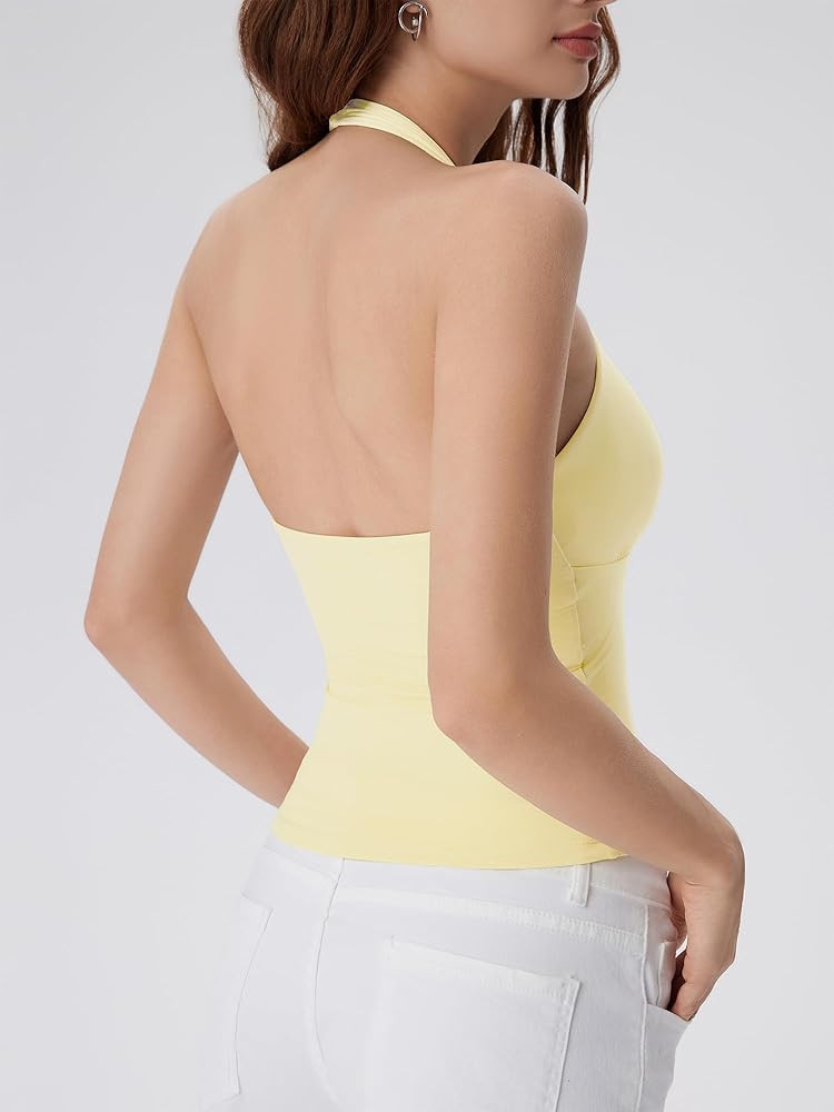 SUUKSESS Women Halter Backless Tank Tops with Built in Bra Double Lined V Neck Y2k Going Out Tops | Amazon (US)