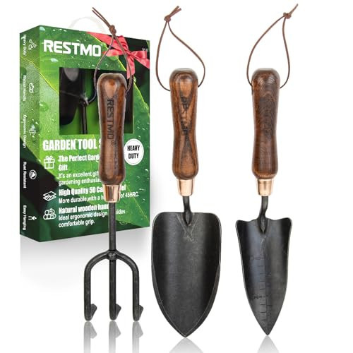 RESTMO 3-in-1 Heavy Duty Gardening Tools Kit, Premium Carbon Steel Garden Hand Tools with Ergonomic Wooden Handle Includes Trowel, Transplanter, and Cultivator, Ideal Gardening Gifts for Gardener | Amazon (US)