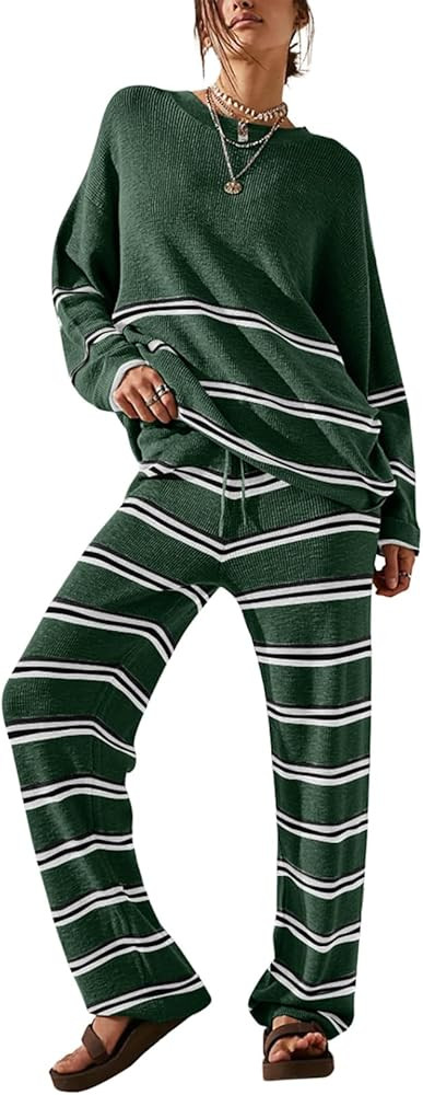EVALESS 2 Piece Outfits for Women 2024 Striped Knit Sweater Sets Matching Loungewear Set | Amazon (US)