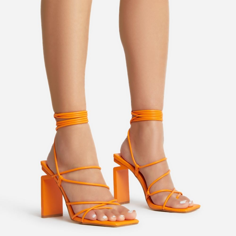 Laced Strappy Square Toe Cut Out Thin Block Heel In Orange Faux Leather | EGO Shoes (US & Canada)