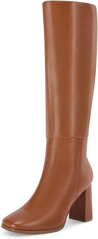 Coutgo Womens Wide Calf Knee High Boots Chunky High Heel Square Toe Fashion Leather Shoes with Si... | Amazon (US)