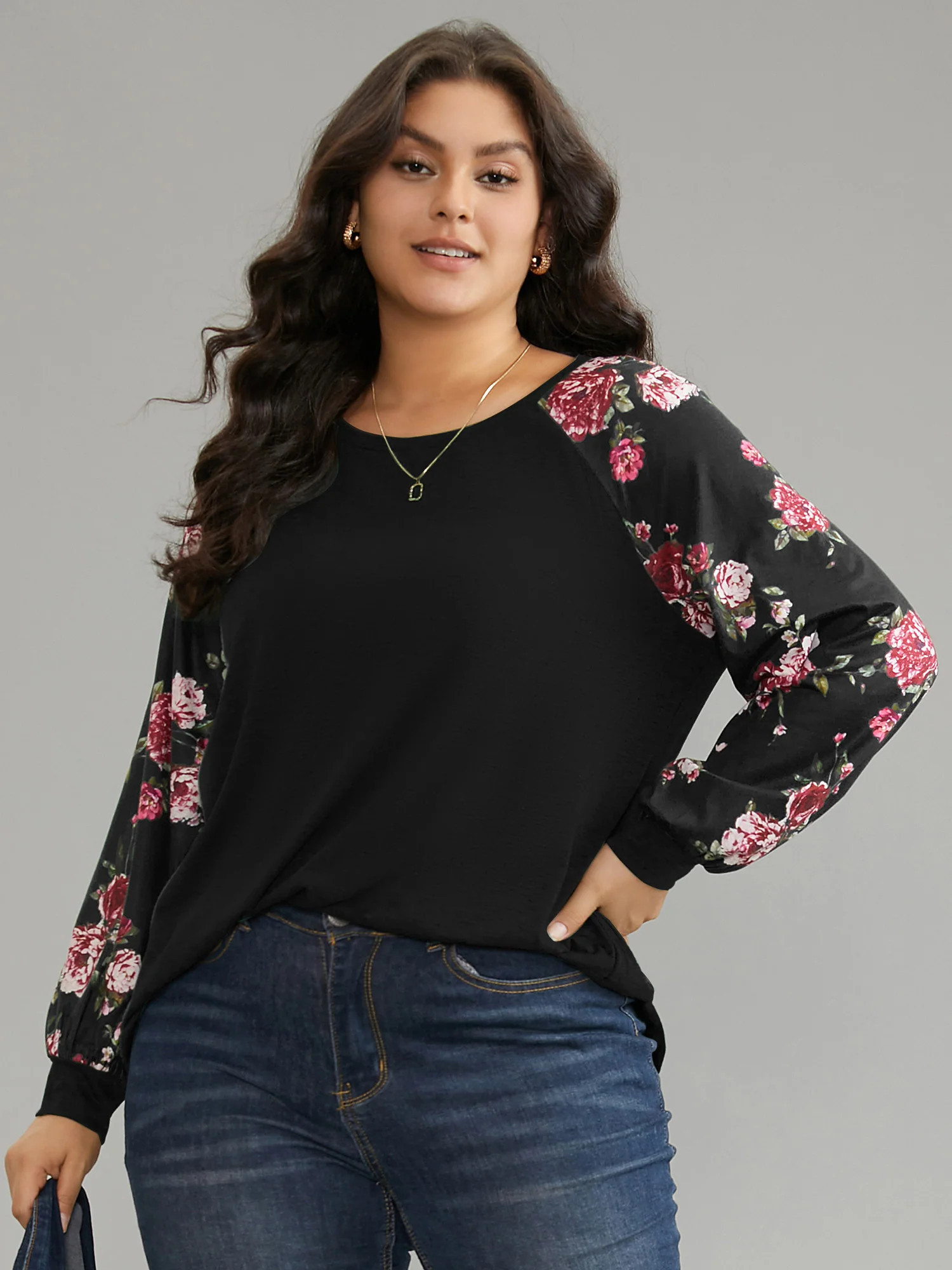 Floral Patchwork Crew Neck Raglan Sleeve T-shirt | Bloomchic