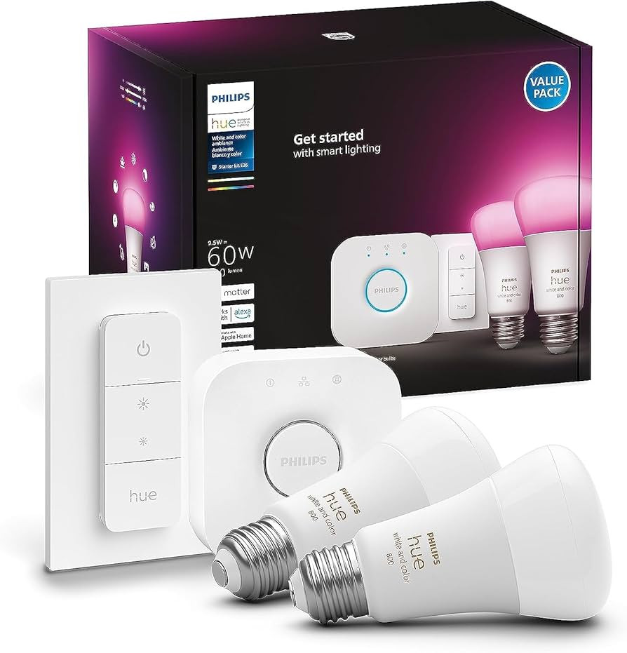 Philips Hue Smart Light Starter Kit - Includes (1) Bridge, (1) Dimmer Switch and (2) A19 LED Bulb... | Amazon (US)