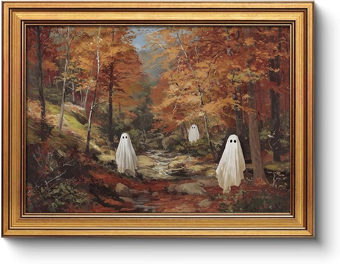 WHASAYART Vintage Halloween Wall Art Cute Ghost Fall Forest Painting 12x16 | Amazon (US)