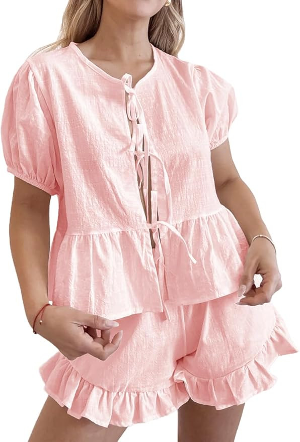 Womens Ruffle Short Sets 2 Piece Outfits Fashion Summer Short Sleeve Tie Front Top and Shorts Cot... | Amazon (US)
