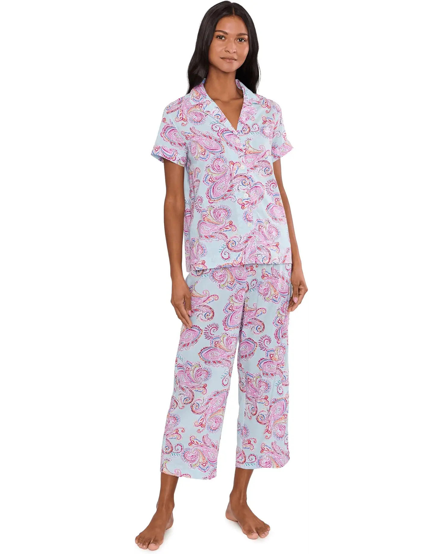 Women's Lauren Ralph Lauren Short Sleeve Notch Collar Cropped Pants PJ Set | Zappos.com