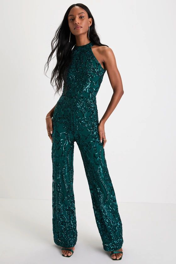 Exceptional Glam Emerald Green Sequin Wide-Leg Halter Jumpsuit | Lulus (US)