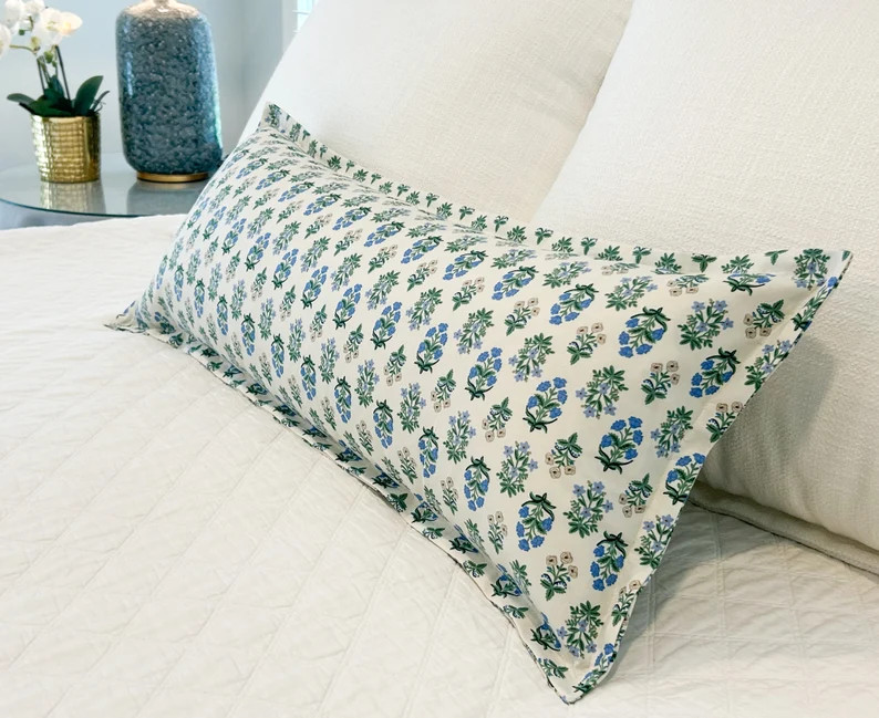 Blue Mughal Roses on Cream Floral Lumbar Pillow Cover designed for 14x36 Insert, Not Included - E... | Etsy (US)