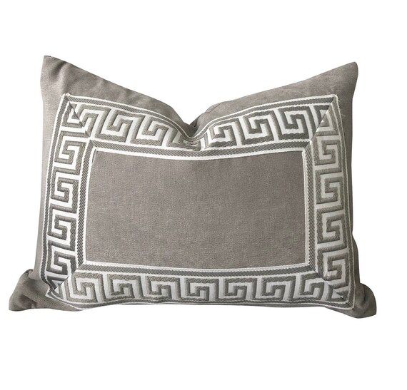 Grey Designer Velvet Pillow Cover Grey White Greek key ribbon | Etsy | Etsy (US)