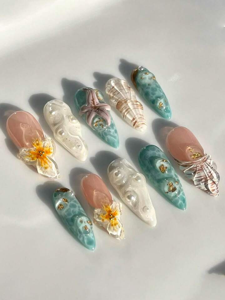10Pcs Set Almond Shape Hand Crafted 3D Ocean Summer Floral Decor Nails, Featuring Starfish, Pearl... | SHEIN