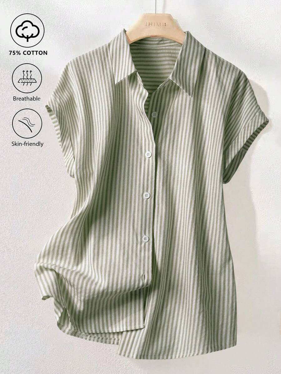 SHEIN Franclia Vintage Striped Short Sleeve Shirt, Fashionable For Commuting In Summer | SHEIN