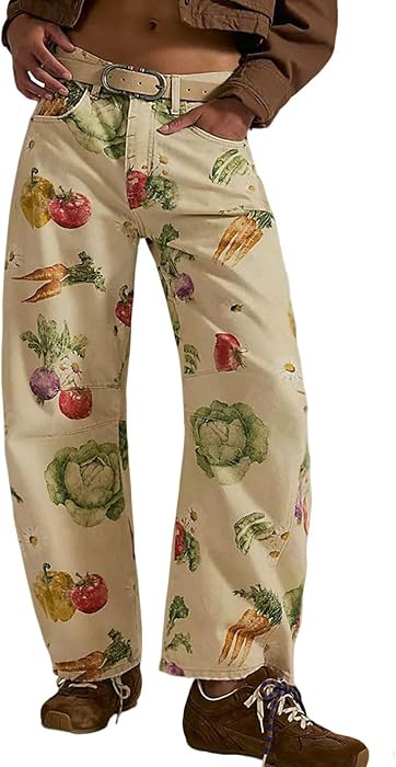 loveimgs Women Boyfriend Baggy Barrel Jeans Floral Print Denim Ankle Pants Wide Leg Mid Rise Jean... | Amazon (US)