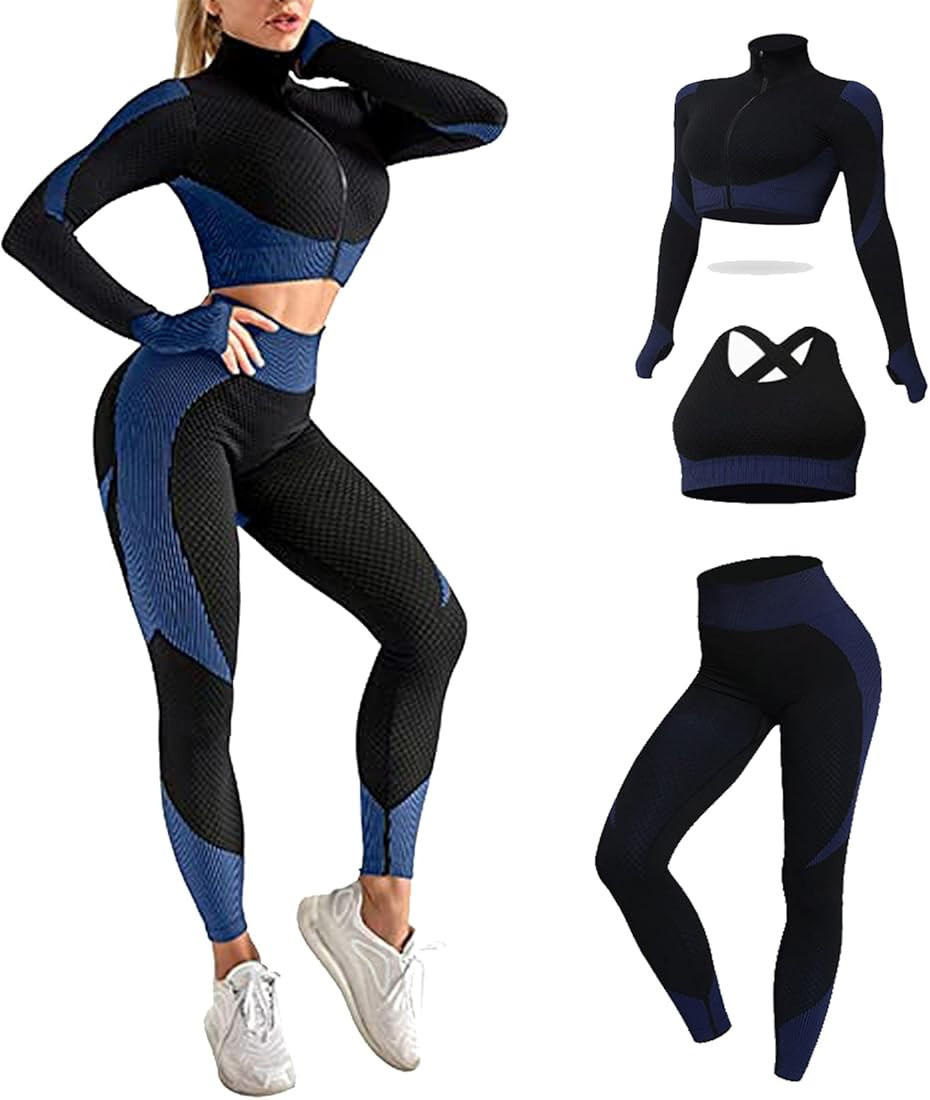 MANON ROSA Workout Sets Women 2 Piece Legging Zip Crop Top Seamless Yoga Outfits Clothes Tracksuit | Amazon (US)