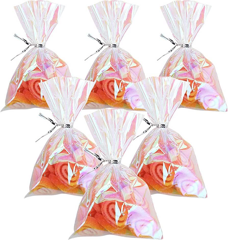 QTOP Cellophane Treat Bags,Iridescent Holographic Goodie Bags, Clear Cello Bags with Twist Ties f... | Amazon (US)