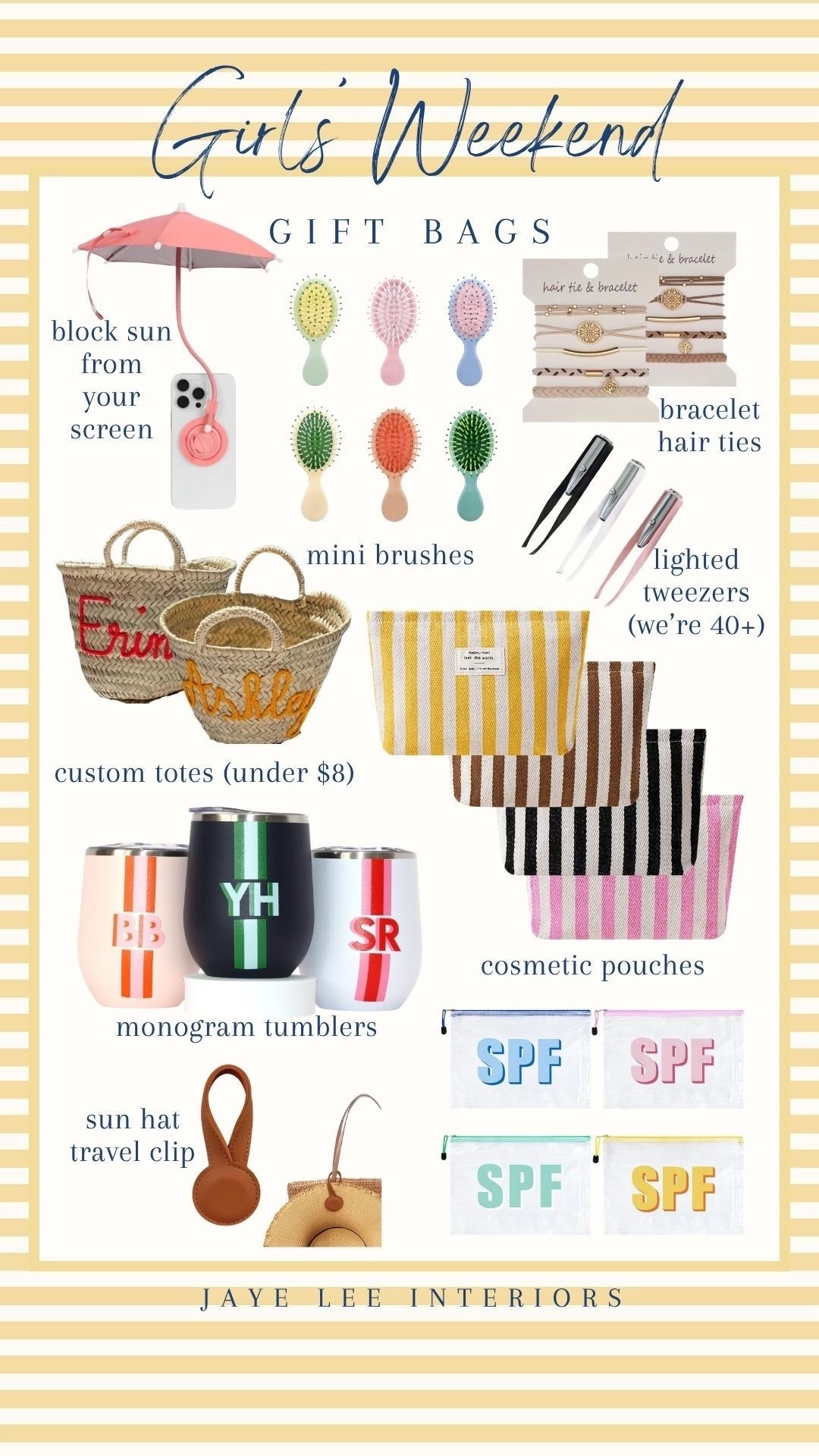Just before our Scottsdale girl's trip, I scoured Amazon for the perfect gift bag essentials for our poolside hangs. Here are some of my (very affordable) favorites...

party favors, gift bags, girls' trip, goodie bags, personalized gifts, monogram totes, monogram gifts, insulated wine tumblers, makeup bags, magnetic hat clips, phone umbrella, hairbrush, beach bag, sunglasses, cosmetic pouch, suncreen, beach vacation, spring break #jleeinteriors