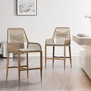 Bar Stools Set of 2, Counter Height Barstools with Backrest and Cushion, Modern Rattan Wicker Pat... | Amazon (US)