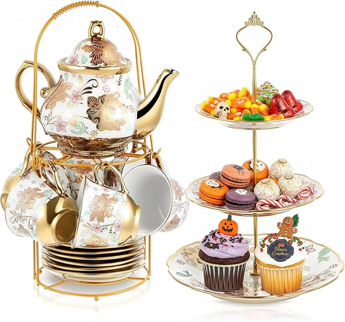 Maxcheck 21 Pcs Porcelain Tea Set for Women Tea Party with Metal Holder and 3 Tier Cake Stand Cer... | Amazon (US)