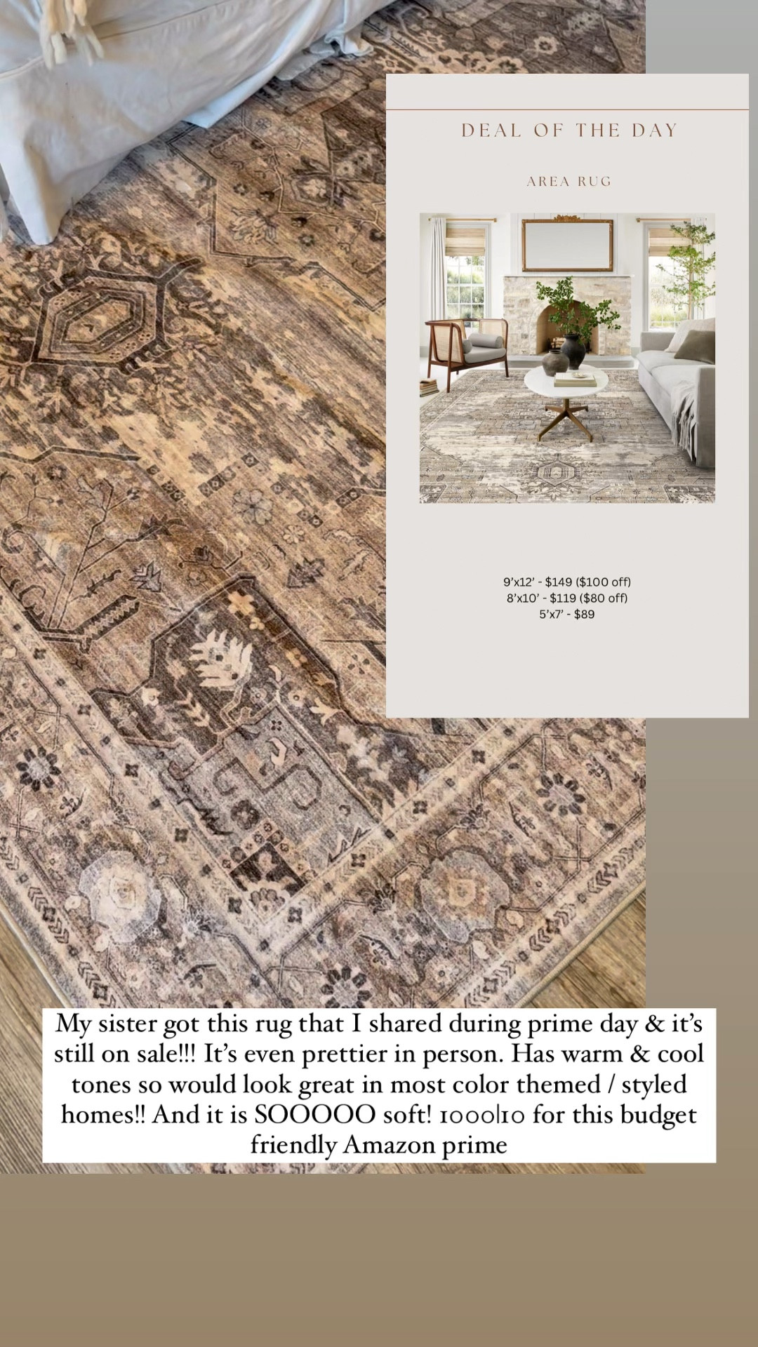 My sister got this rug that I shared during prime day & it’s still on sale!!! It’s even prettier in person. Has warm & cool tones so would look great in most color themed / styled homes!! And it is SOOOOO soft! 1000|10 for this budget friendly Amazon prime 

#LTKSaleAlert #LTKHome #LTKStyleTip