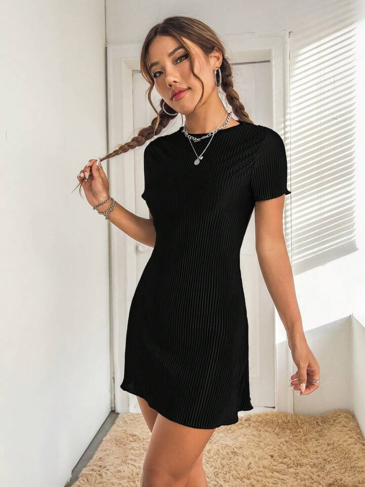 SHEIN PETITE Solid Ribbed Knit Tee Dress | SHEIN
