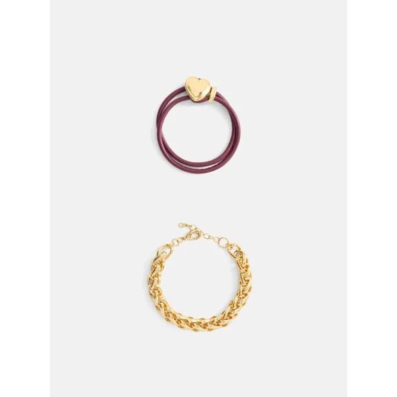 Free Assembly Women's Goldtone Chain and Faux Leather Bracelet Set, 2-Piece | Walmart (US)