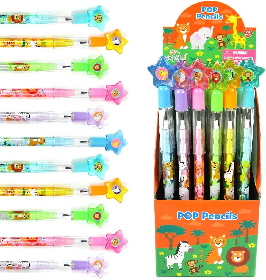 TINYMILLS 24 Pcs Safari Jungle Animals Stackable Push Pencil Assortment with Eraser for Party Fav... | Amazon (US)