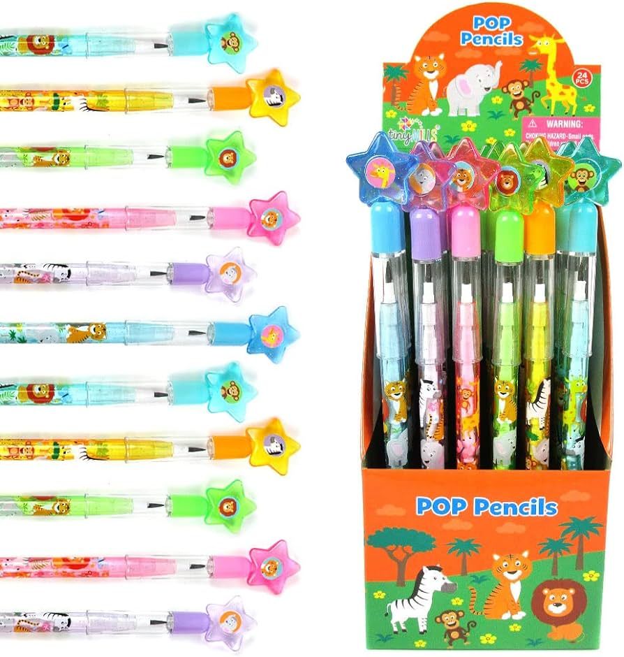 TINYMILLS 24 Pcs Safari Jungle Animals Stackable Push Pencil Assortment with Eraser for Party Fav... | Amazon (US)