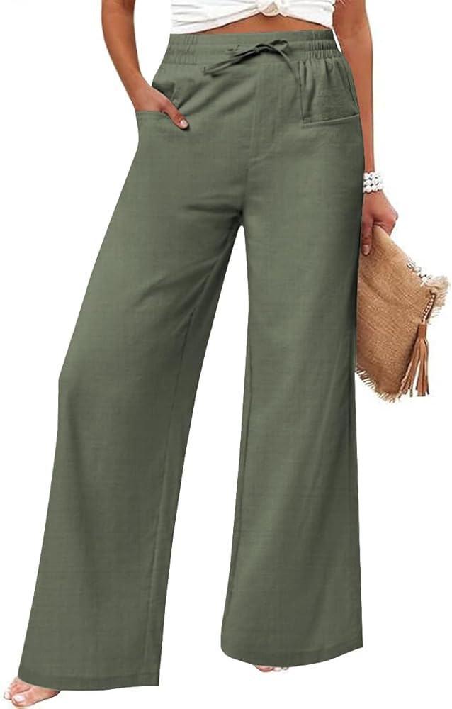 Women's Casual Linen Wide Leg Pants with Pockets Boho Palazzo High Waisted Drawstring Lounge Trou... | Amazon (US)