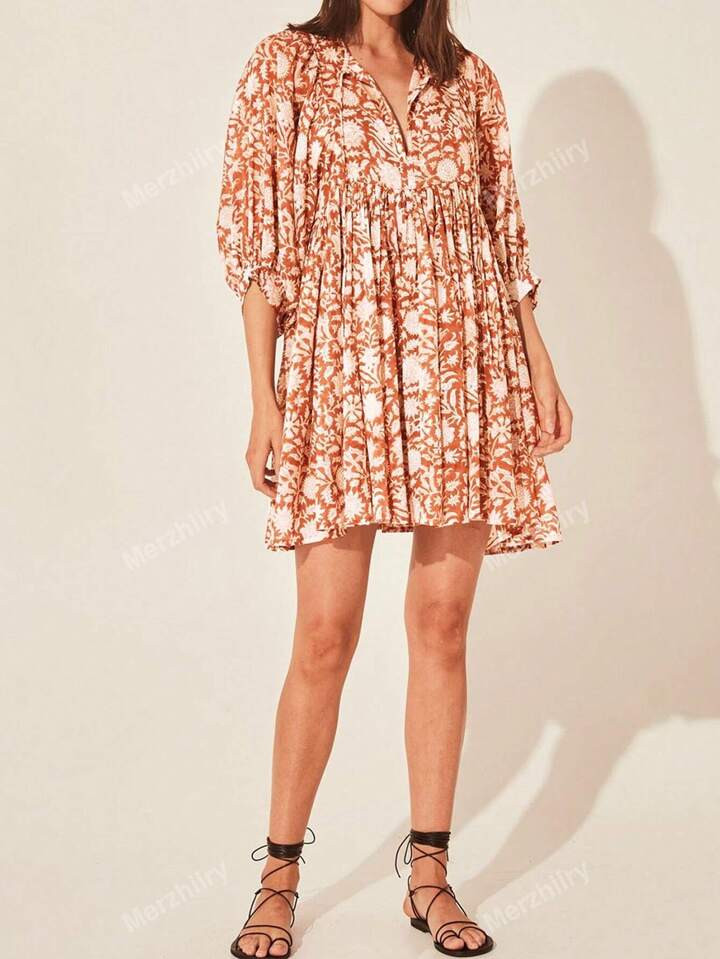 Allover Print Tie Neckline Lantern Sleeve Dress | SHEIN