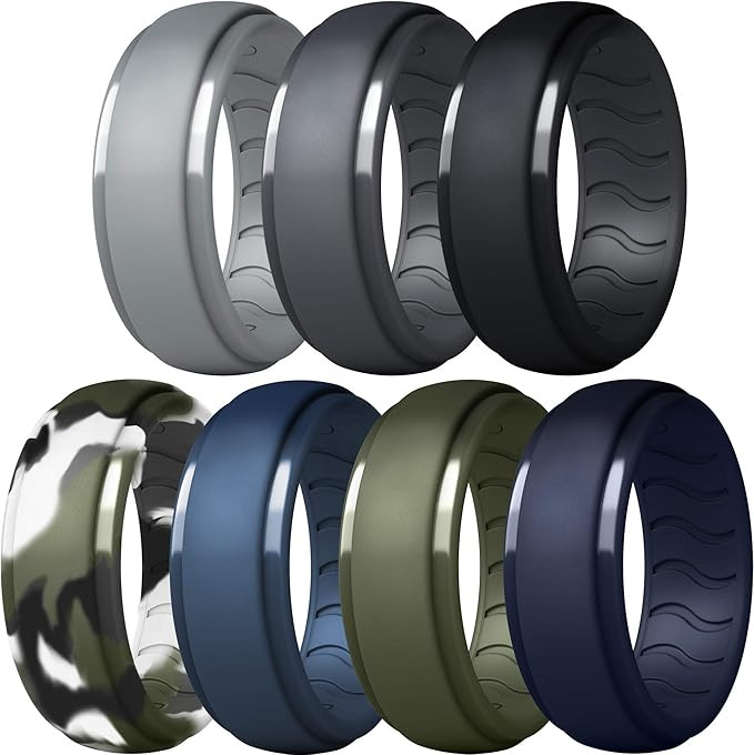 Dookeh Breathable Mens Silicone Wedding Rings, Rubber Ring Bands For Men, Black Blue Camo Engagement | Amazon (US)