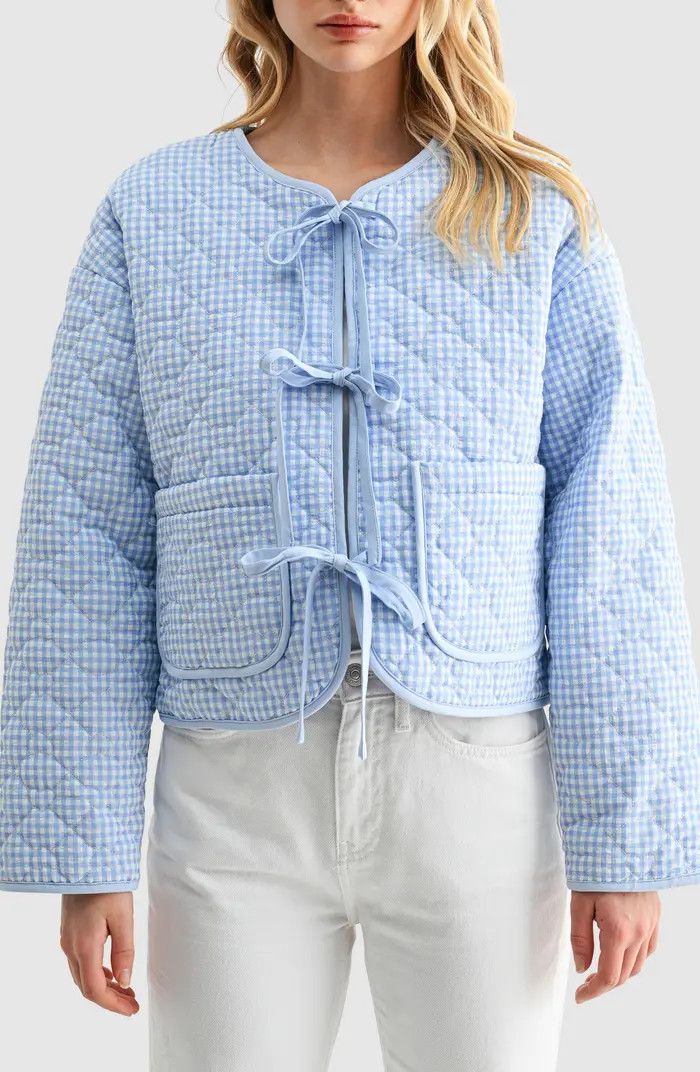 Gingham Tie Front Quilted Jacket | Nordstrom