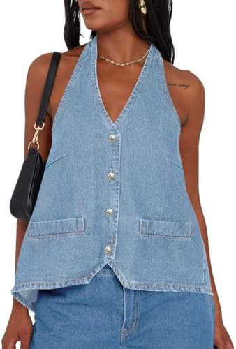 Tankaneo Womens Halter Denim Vest Tops Summer Sleeveless Open Back Y2K Going Out Jean Tank Tops V... | Amazon (US)