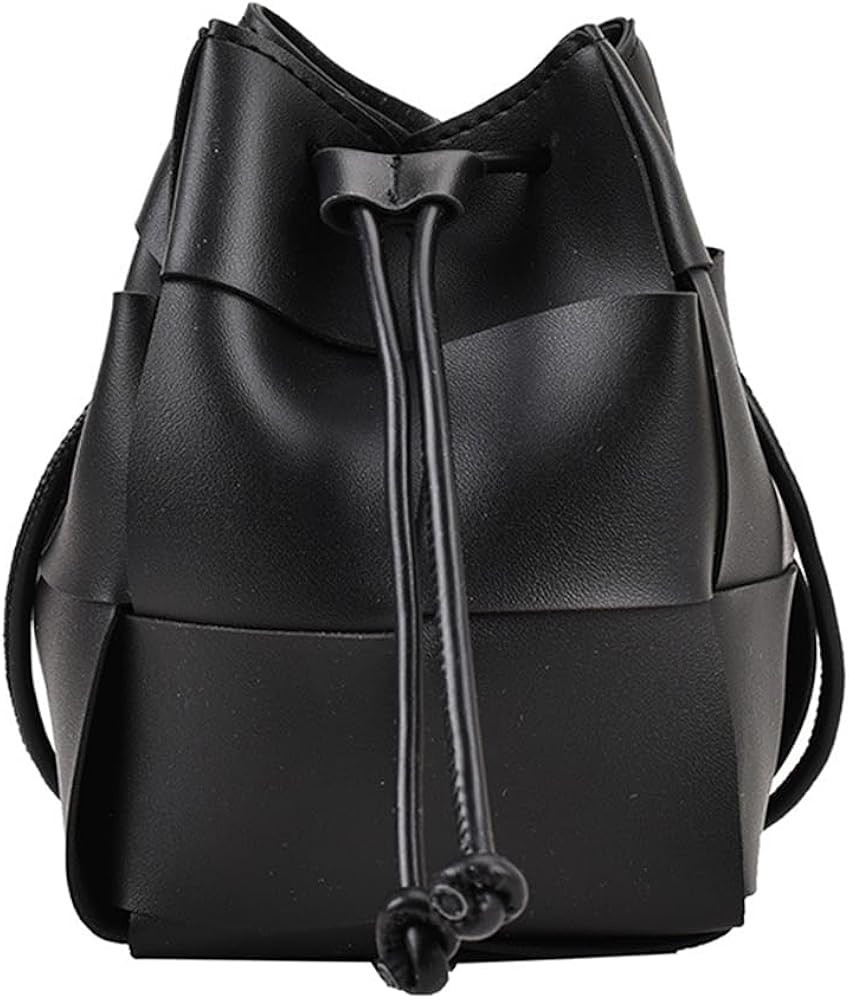 MYSNKU Women's Mini Woven Bucket Bag, Square Lattice Drawstring Leather Small Hobo Handbag Crossbody Handbags Soft Adjustable (Black) | Amazon (US)