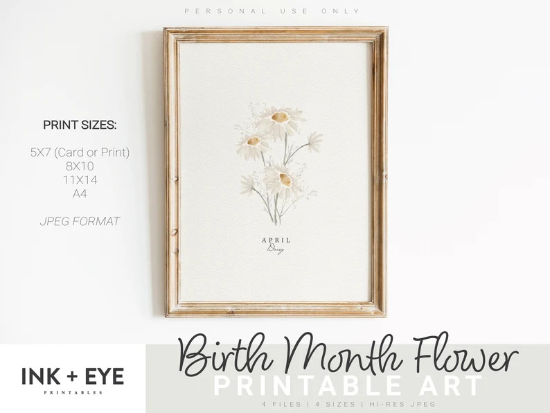 April Birth Month Flower Printable, Watercolor Daisy, Digital Greeting Card, Printable Wall Art, ... | Etsy (US)