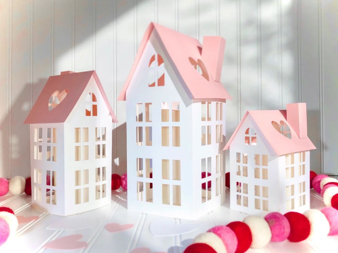 DIY Paper House Village, Valentine’s Day Decoration Set, Pink Christmas Mantel Village, Paper T... | Etsy (US)