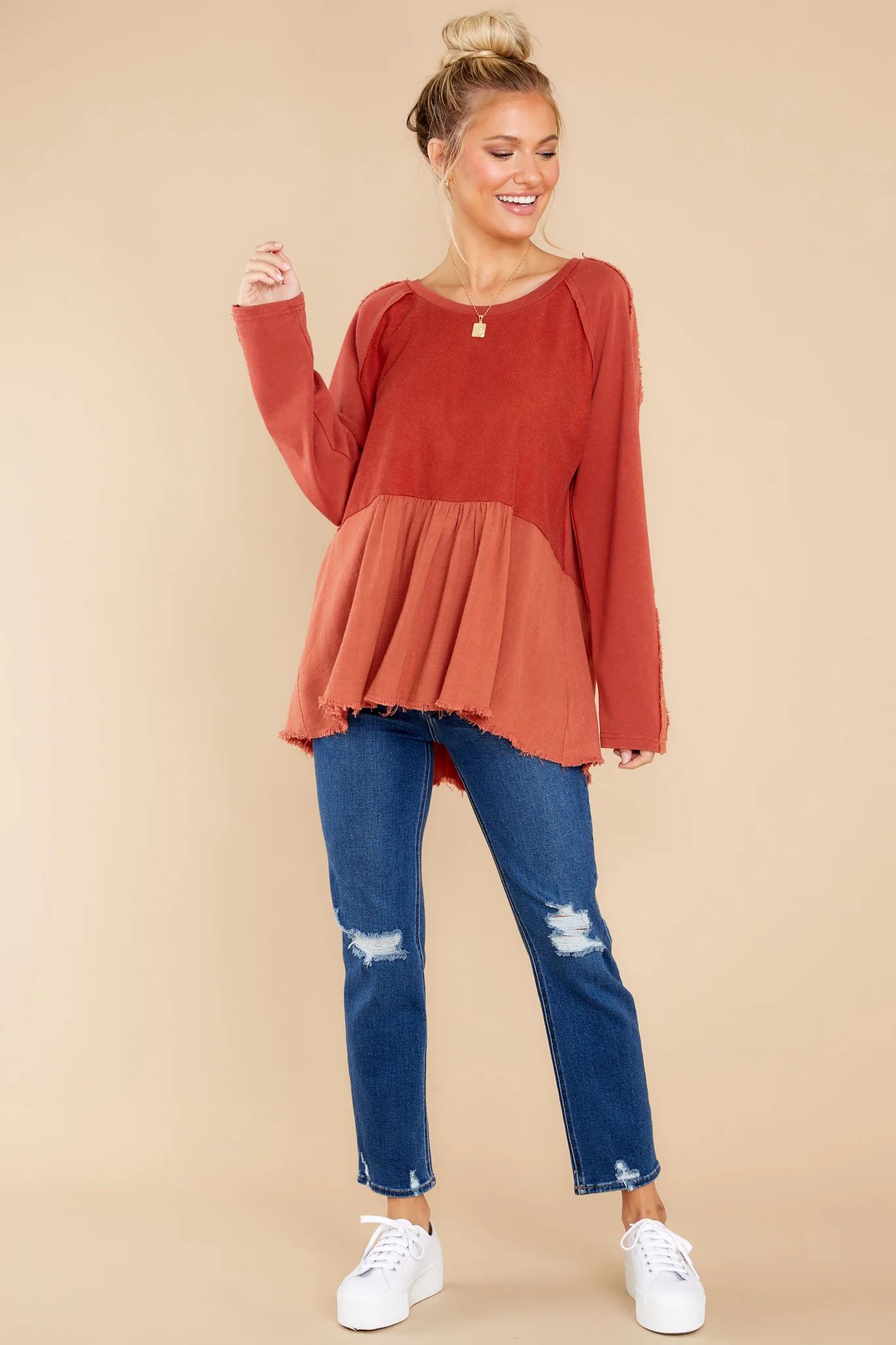 Two Way Street Rust Top | Red Dress 