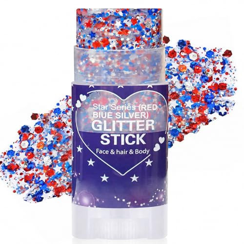 Paminify Red White Blue Hair Glitter Stick,4th of July Patriotic America Flag Star Face Body Glitter,Fourth of July Accessories,250th Outfits for Women, Waterproof Glitter Makeup for Football Game | Amazon (US)