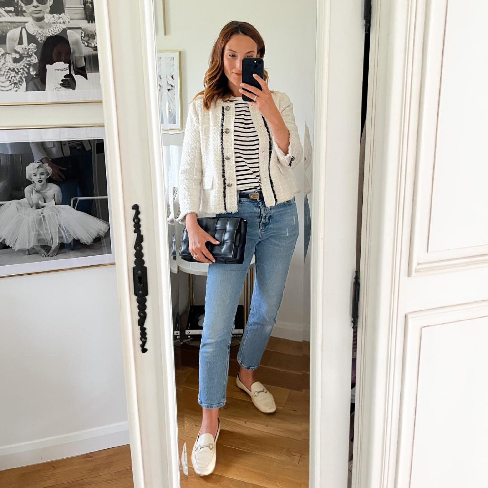 Tweed cream jacket, striped top, blue jeans, loafers, clutch bag

#LTKstyletip #LTKSeasonal #LTKeurope