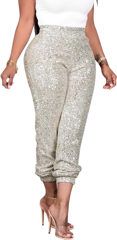 nqgsntc Women Casual Sequin Sparkle Glitter High Waist Pencil Pants Trousers Clubwear | Amazon (US)