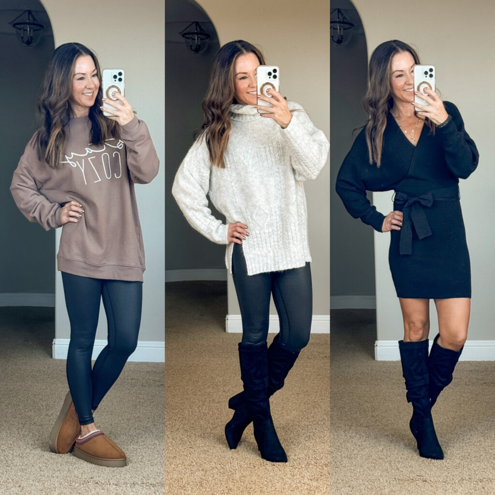 Use code EVERYDAYHOLLY20 to save 20% off your order! Wearing size S “Stay cozy” sweater, XS sweater and sweater dress. Faux leather leggings wearing size XS - all TTS! Fall  Fall outfits  Fall style  Holiday  Holiday dress  Holiday party outfit  Boots  Slippers  Leggings  Fashion  Fall fashion  Winter fashion

#LTKstyletip #LTKHoliday #LTKSeasonal