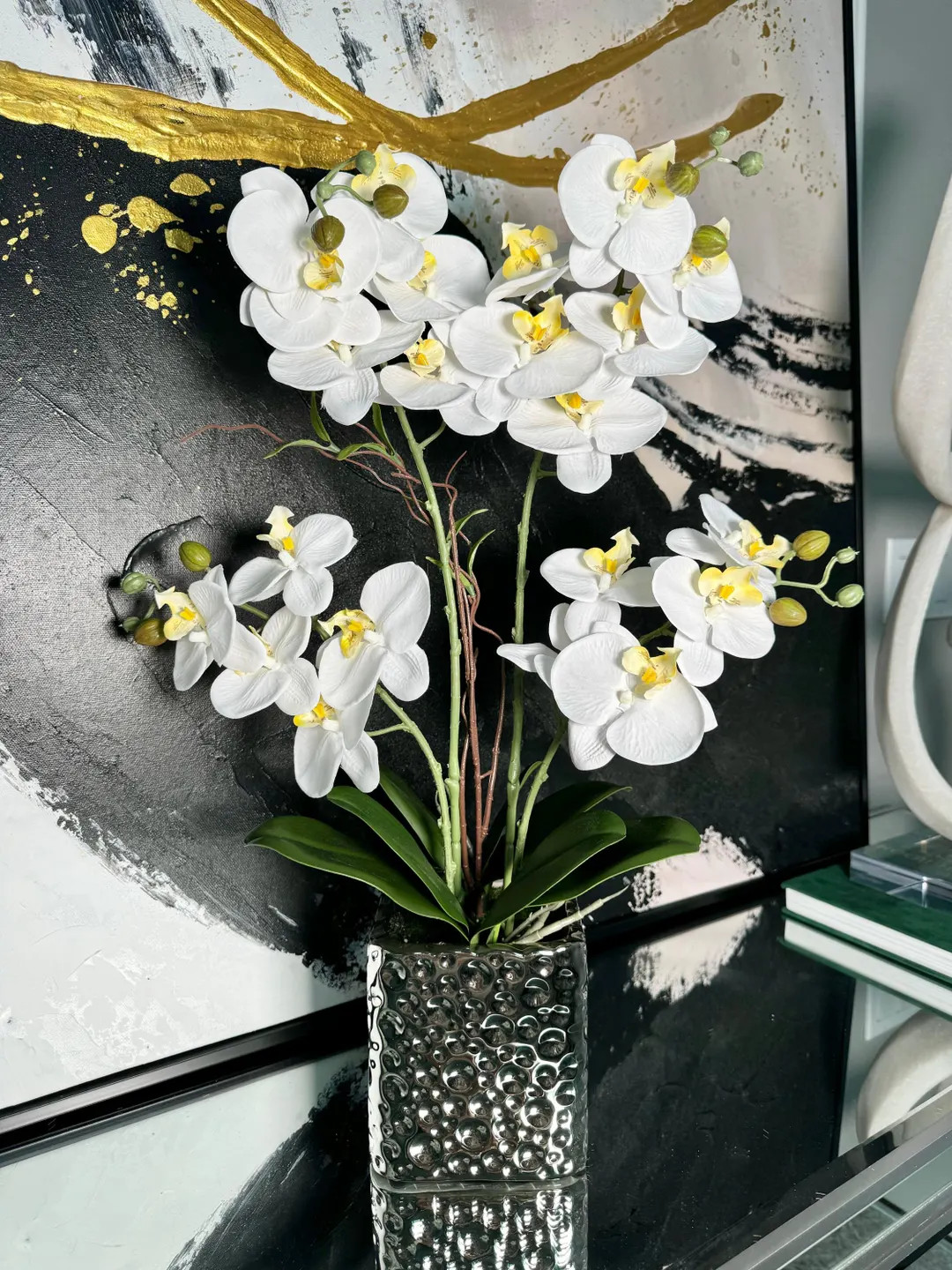 White Silk Phalaenopsis Orchid Arrangement Silver Ceramic Vase - Etsy | Etsy (US)