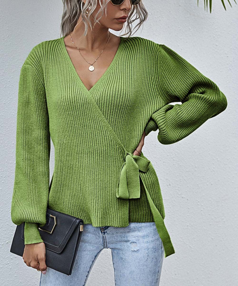Suvimuga Women's Pullover Sweaters Green - Green Bishop-Sleeve Wrap Sweater - Women | Zulily