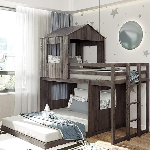Harper & Bright Designs House Bed Bunk Beds Twin Over Full Size, Wood Bunk Beds with Roof and Gua... | Amazon (US)