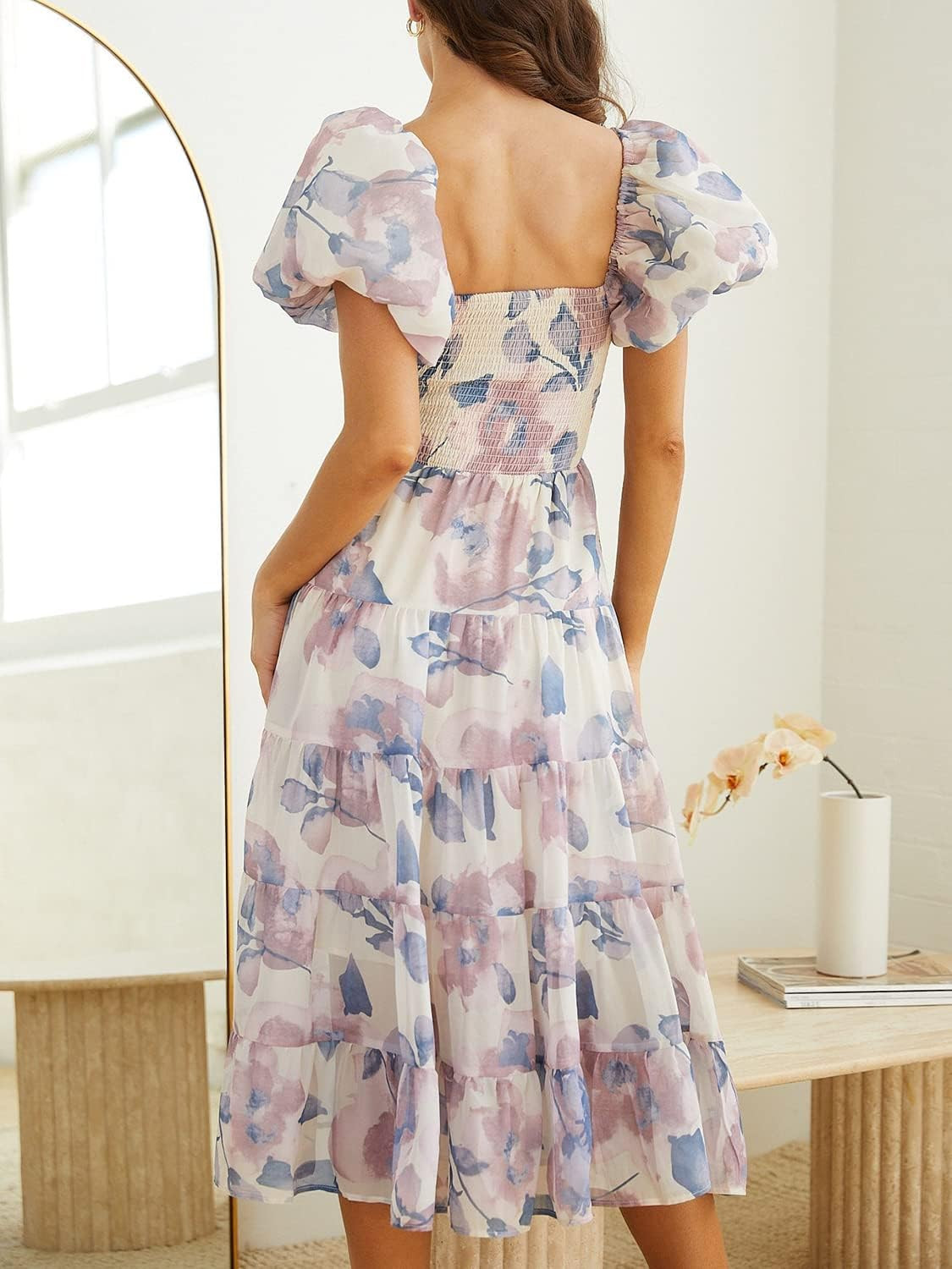 Sissyaki Women's Summer Boho Floral Print Midi Dress Square Neck Tiered Flowy Beach Long Dress | Amazon (US)