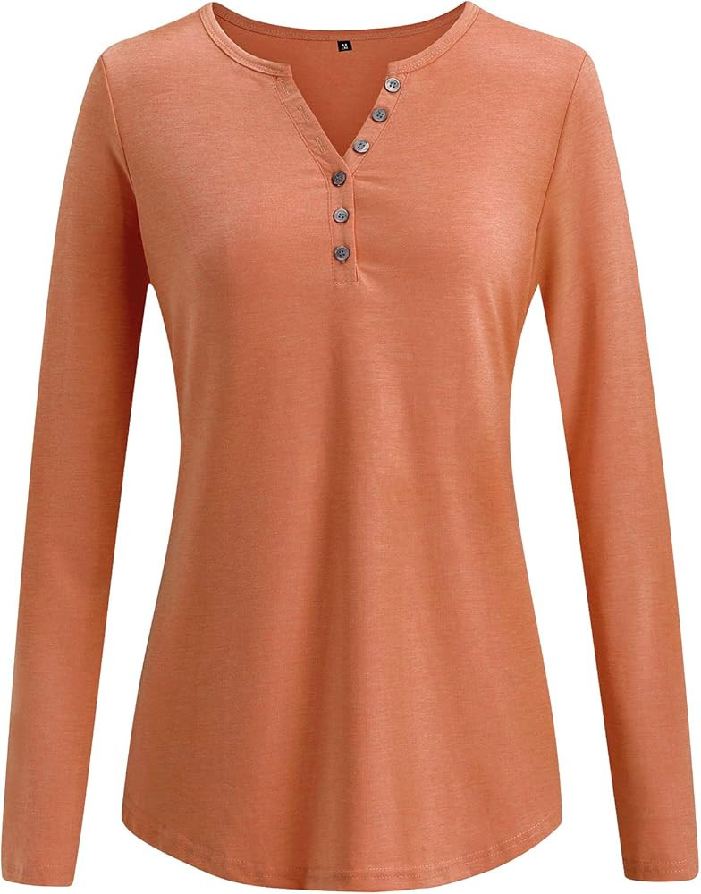 KILIG Women's Long Sleeve V-Neck Button Loose Casual Henley Tunic Tops T Shirt | Amazon (US)