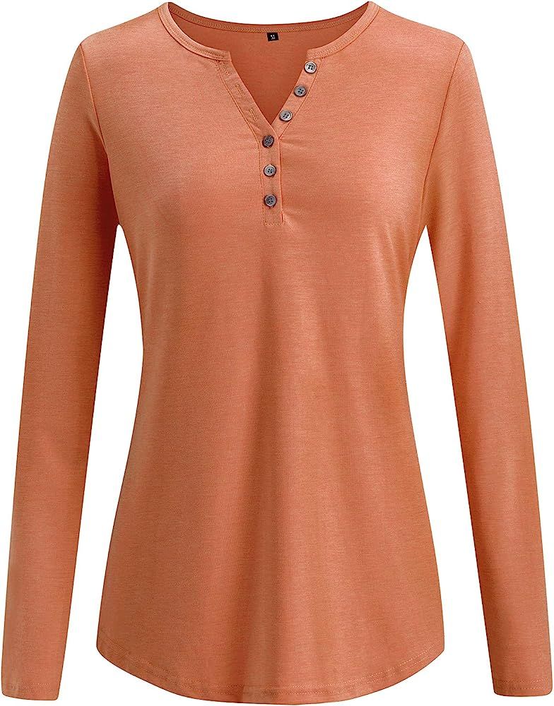 KILIG Women's Long Sleeve V-Neck Button Loose Casual Henley Tunic Tops T Shirt | Amazon (US)
