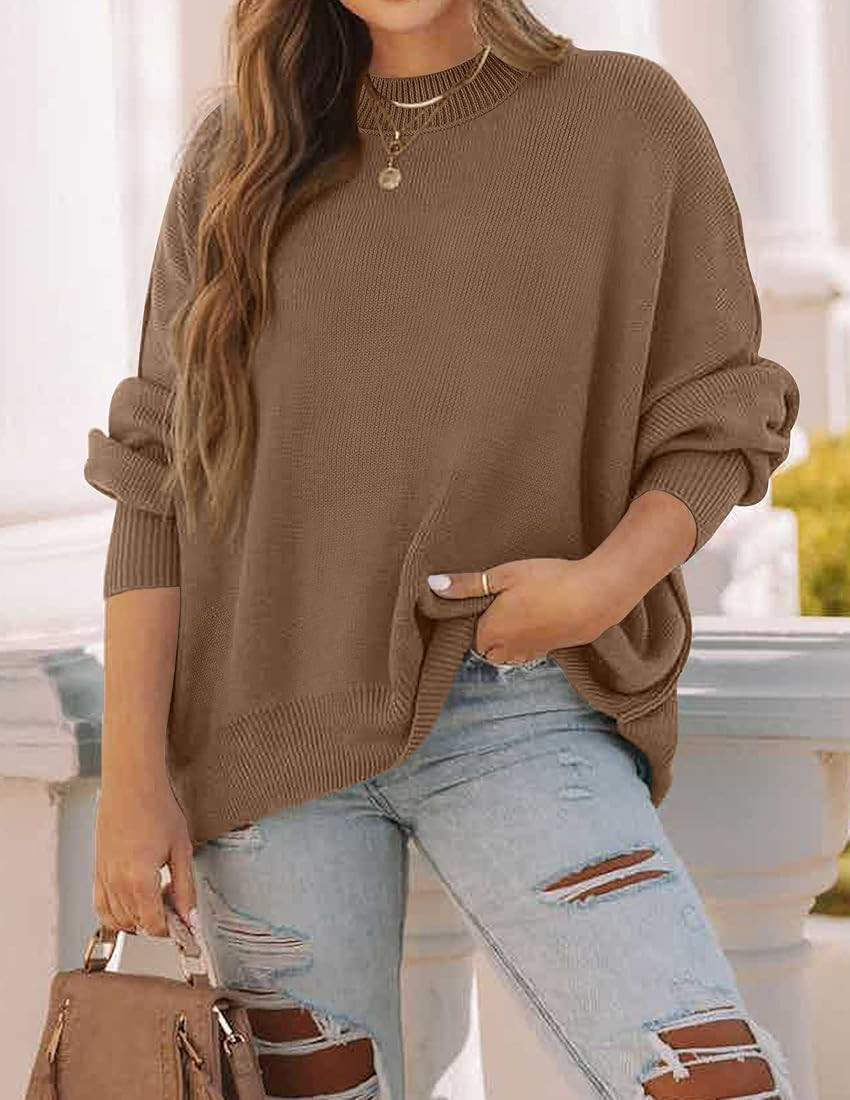 ZESICA Women's Fall Casual Long Sleeve Crew Neck Side Slit Oversized Ribbed Knit Pullover Sweater... | Amazon (US)