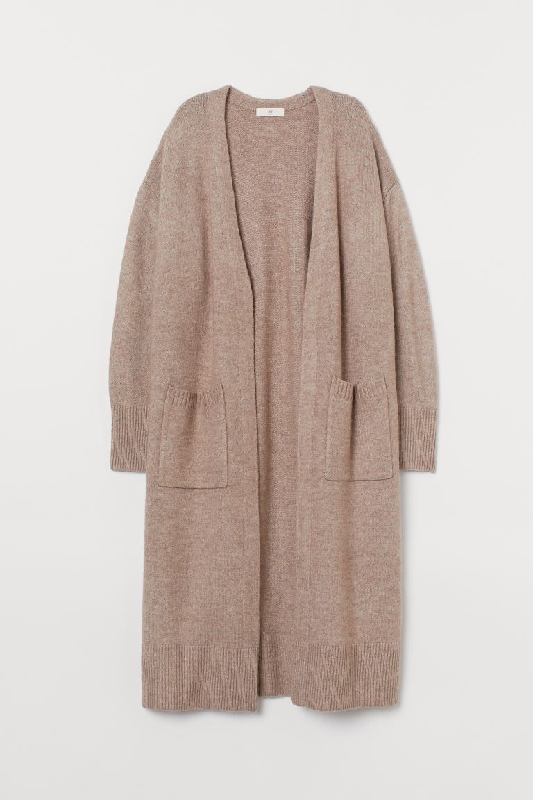 Long cardigan in soft, knit fabric with wool content. Dropped shoulders, patch front pockets, and... | H&M (US + CA)